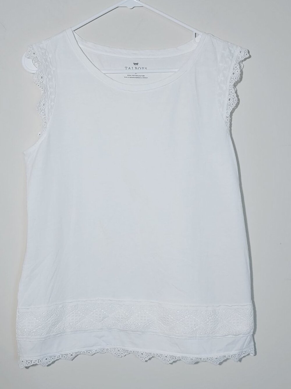 Talbots Eyelets Trimmed Hem and Sleeve White Tee Size M